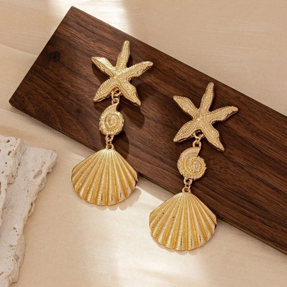 Gold Casual Women's Starfish & Shell Dangle Earrings